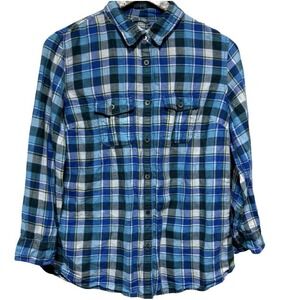 Relwen Blouse Womens L Blue Plaid Linen Cotton Button Front Preppy Long Sleeve